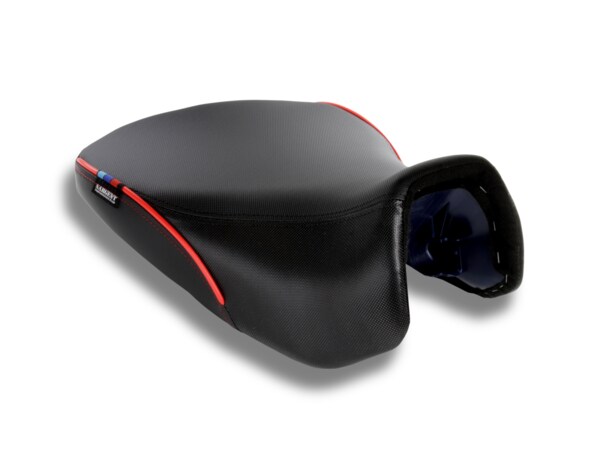 Sargent Cycle Products new Performance Plus front motorcycle seat for the BMW R 1300 GSA with DTX, Gripzones with Racing Red accents, Regular Height.